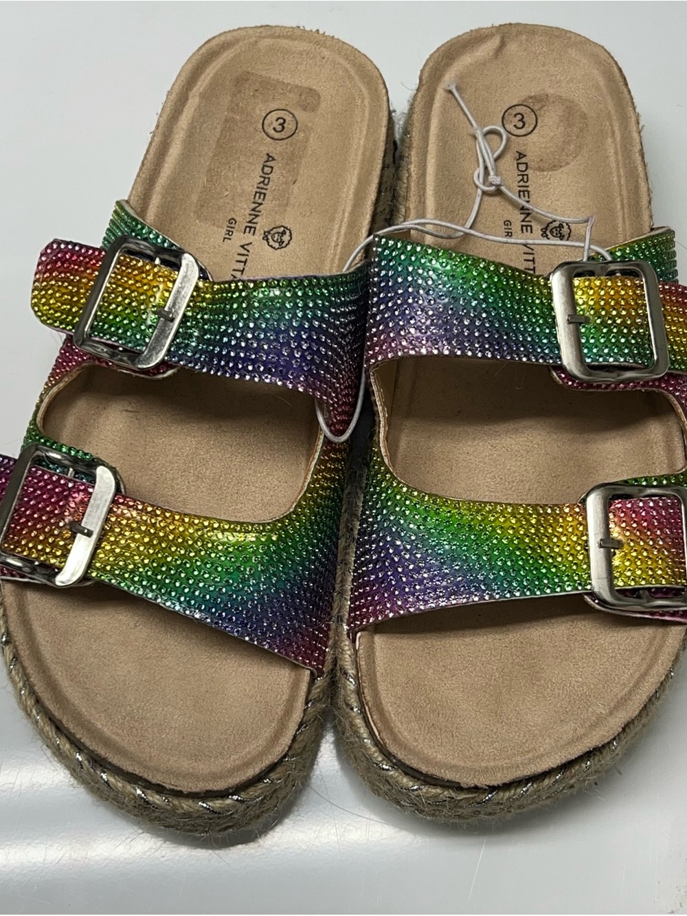 Adrienne Vittadini Rainbow Glitter Rhinestone Double Buckle Sandals